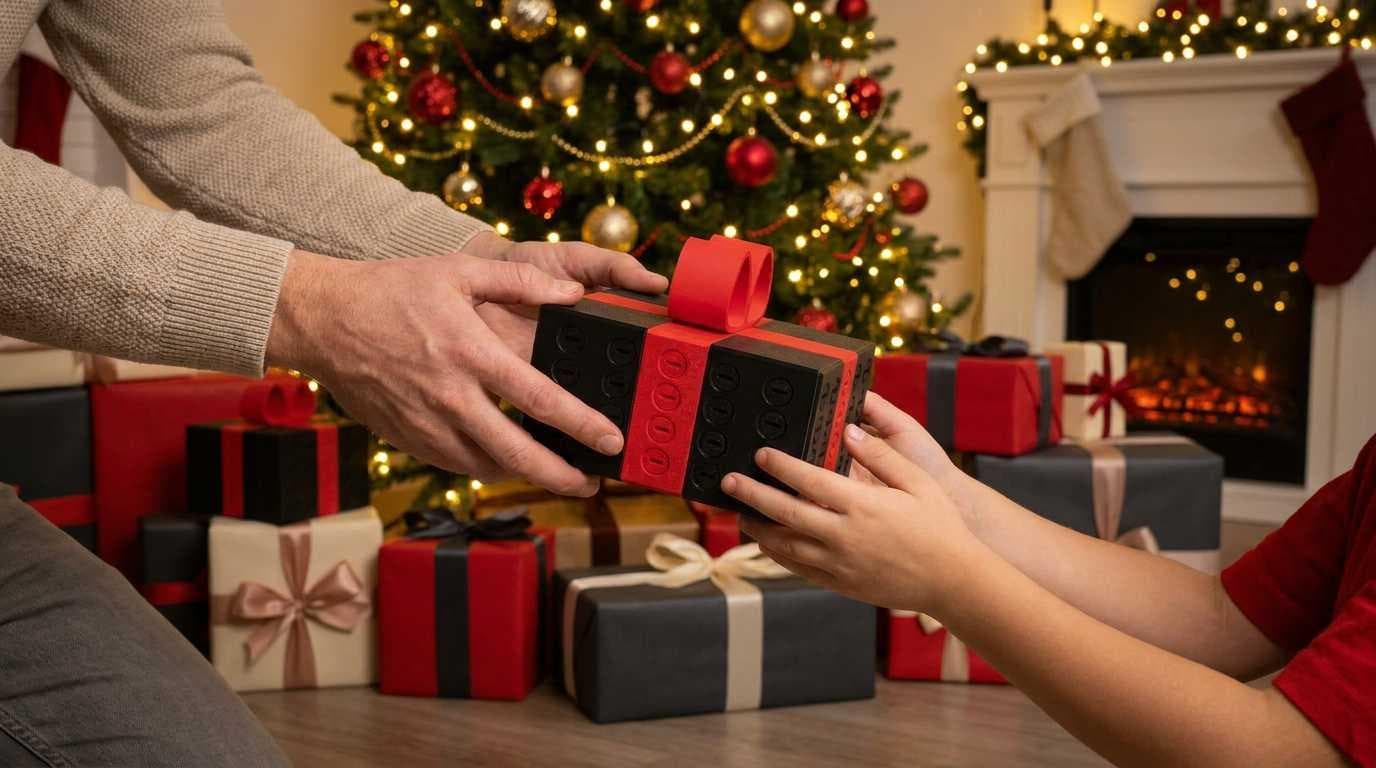 A 200-screw gift box being handed over on Christmas morning